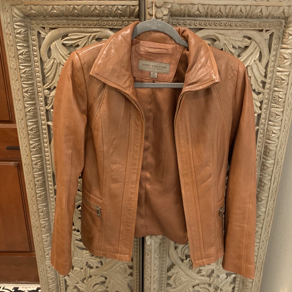 Cognac Brown Andrew Marc Leather Jacket Moto